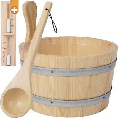 Immagine prodotto di Contenitore per sauna in bambù, 5 litri, set con mestolo e clessidra.
