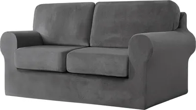 Produktbild von 2-Sitzer-Sofabezug mit 2 separaten Kissen und 2 Rückenlehnenbezügen, 5-teiliger Stretch-Sofabezug, Ersatz-Möbelschutz (Loveseat, Dunkelgrau)