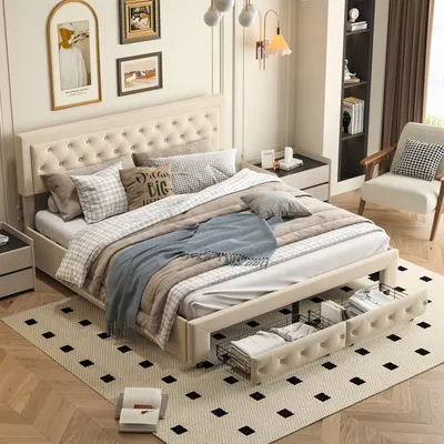 A bedroom scene featuring a bed with storage drawers, a rug, and a chair.