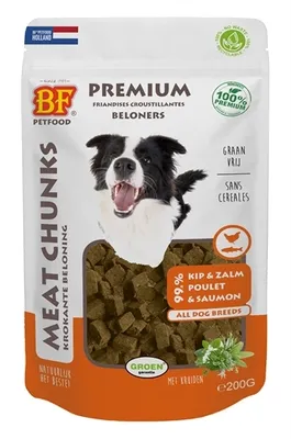 Imagen del producto de BIOFOOD, trozos de carne para perros, sabor a pollo y salmón, 200 gramos
