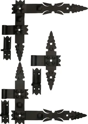 A set of black metal hinges and mounting hardware, arranged on a white background.