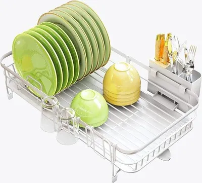 Produktbild von Unyqoos® Edelstahl Abtropfgestell, ausziehbar 32,5–54,6 cm, für 2–5 Personen, mit Besteck- und Tassenhalter (bis 4 Tassen), Abtropfschale mit schwenkbarem Auslauf, weiß