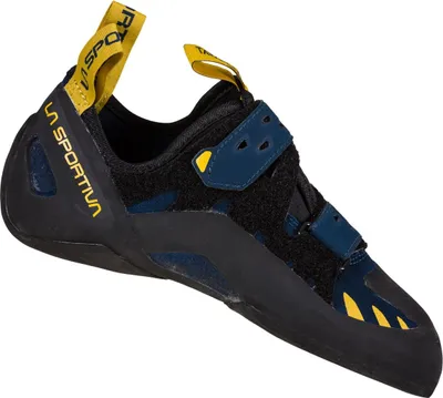 Klett-Kletterschuh "Tarantula Boulder" von La Sportiva in Schwarz und Blau mit gelben Akzenten.
