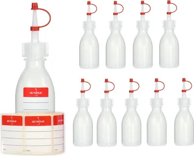 Produktbild von 10 Plastikflaschen 50ml aus LDPE, natur, G18, Tropfverschluss, rotes Halteband und Käppchen