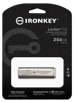 Obrázek produktu pro Kingston Technology IronKey 256GB Locker Plus 50 AES Encryption, 256 GB, USB Typ-A, 3.2 Gen 1 (3.1 Gen 1), 145 MB/s, Čepice, Stříbrná
