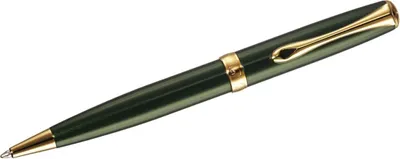A close-up studio shot of a green and gold pen against a white background.