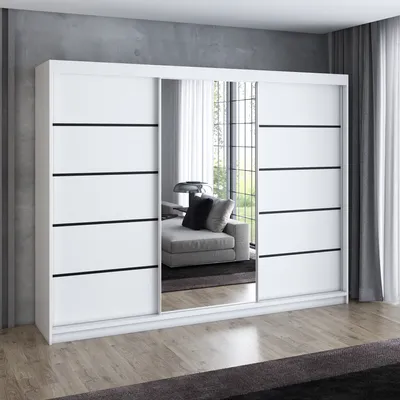Produktbild von Schwebetürenschrank, 3-türig Schrank 200 cm mit 4 Schubladen, und Spiegel (Weiß, Schwarz, Somona) Kleiderschrank VILANO 2