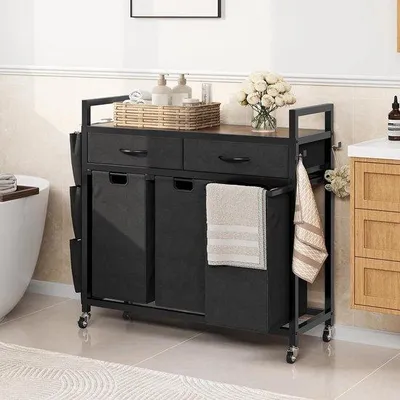 Productafbeelding van Industriële wasmand - 2 uittrekbare zakken - wasmand met 2 laden - wasruimte wassorteerder - slaapkamer badkamer - slaapzaal wassorteerder