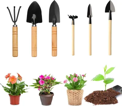 Produktbild von Mini Gartenwerkzeug Set, 6 Stück Gartenschaufel Klein Gartengeräte Set, Mini Pflanze Gartengeräte Mini Holzgriff Handheld Mini Schaufel Spaten Rechen Gartenset Werkzeug für Bonsai