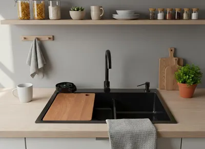 Produktbild von Edelstahlspüle Quantum 75x45cm revolutionär mit Nanotechnologie, Farben:Schwarz