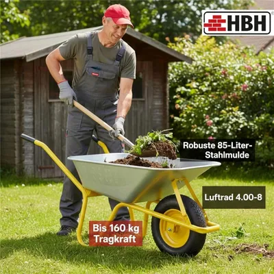 Produktbild von HBH® Schubkarre 85 Liter Garten Farbe gelb Profi Gartenschubkarre Luftrad 160kg