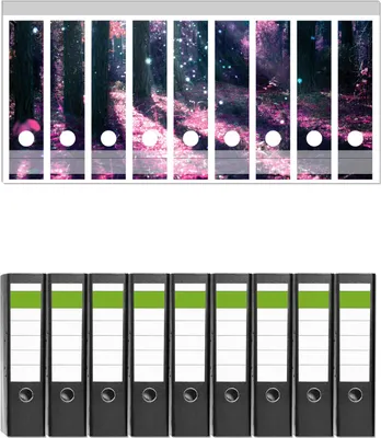 Produktbild von Wallario 9 Stück breite Ordner inkl. Klebeetiketten mit Motive Fantasie im Wald - Pinke Blumen in der Sonne -  Set mit Rückenschildern / Ordnerrücken Stickern