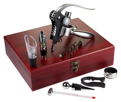 Produktbild von Weinzubehör Set Sommelier Weinset - 10-teilig - Mit Holzgeschenkbox - Hebelkorkenzieher - Edelstahlgriff