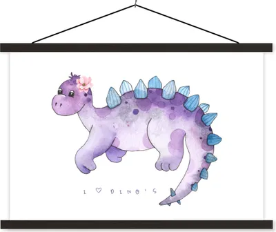 Produktbild von MuchoWow® Textilposter Dinosaurier - Lila - Kinderzimmer - Mädchen - Kinder - Rosa - Kind 60x40 cm mit schwarzem Rahmen - Hölzernes