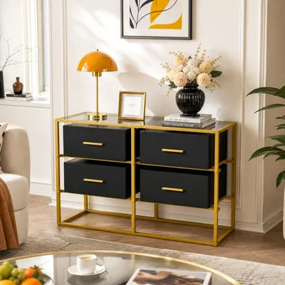 Produktbild von Sideboard mit 4 Schubladen und Glasplatte, Metallrahmen in Gold, Kommode, Wohnzimmer, Schlafzimmer, Schwarz-Gold, MDF+Glas+Metal, 100 x 35 x 65 cm
