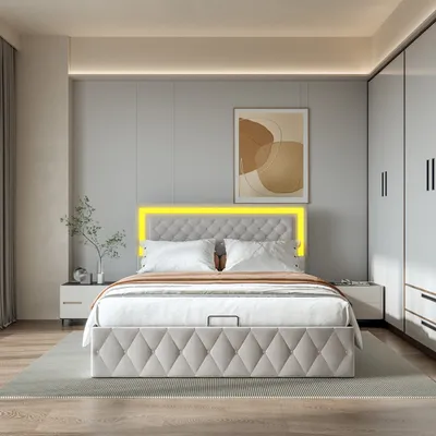 Zdjęcie produktu dla Eleganckie łóżko tapicerowane 140x200 z dużym podnoszonym zagłówkiem, aksamitne łóżko z LED, hydrauliczny system przechowywania, eleganckie beżowe łóżko