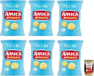 Produktbild von 6x Amica Chips Pallina al Formaggio Mais-Snacks mit Käsegeschmack Salziger Snack 50g Beutel + Italian Gourmet Polpa di Pomodoro 400g Dose