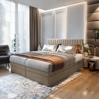 Produktbild von TRADA Adele Boxspringbett 160x200 Elektrisch verstellbar Taschenfederkern Doppelmatratze 9 Zonen Topper Bett mit Bettkasten Velour Stoff Beige