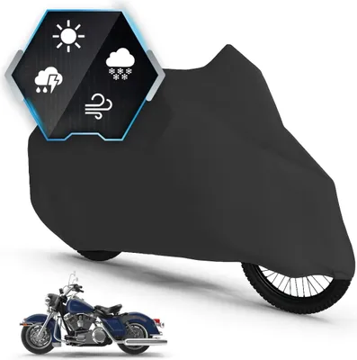 A black motorcycle cover is shown on a white background, with a smaller blue motorcycle in the foreground. A hexagonal graphic with weather icons is overlaid on the top left of the cover.