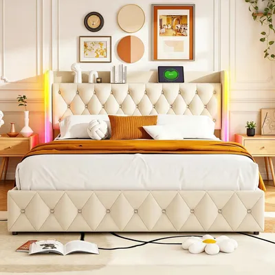 Produktbild von INONEFT Boxspringbett 160x200cm mit LED und USB/C, Polsterbett doppelbett mit hydraulik stauraum, Jugendbett,Bettgestell, Samt,Beige