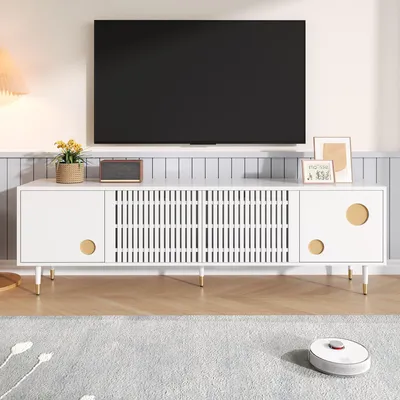 Immagine prodotto di Mobile TV Fortuna Lai con struttura a griglia e decori dorati - Mobile TV con maniglie a scomparsa e due ante in legno massiccio per il vostro salotto