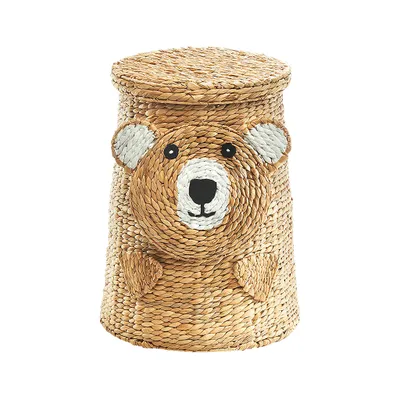 A woven storage basket shaped like a bear's face with ears and paws, presented against a white background.