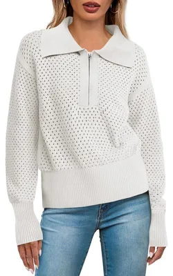 Produktbild von Sommerlicher Häkelpullover für Damen,langärmeliger Pullover mit Lochmuster,halber Reißverschluss am Kragen,Damenoberbekleidung