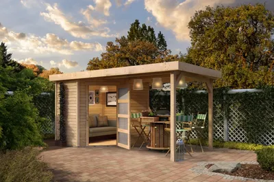 Produktbild von Karibu Gartenhaus Gerätehaus Schwandorf 3 im Set mit Anbaudach 2,80 m Breite naturbelassen 468x217x218 cm