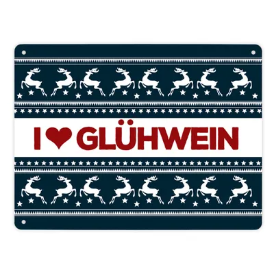 Produktbild von I love Glühwein Metallschild XL in blau mit Weihnachtsmuster Motiv Schild