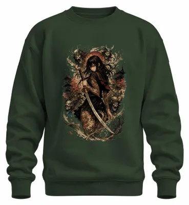 Imagen del producto de Camiseta de cuello redondo con estampado de guerrera samurái, katana, motivos japoneses, anime, manga, estilo Y2K, yakuza, color verde botella, talla XL