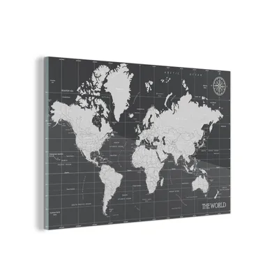 Obrázok produktu pre MuchoWow® Sklenené obrazy - Obrazy na stenu - Foto na skle Mapa sveta - Čiernobiela - Svet 90x60cm Nástenná dekorácia zo skla - akrylový sklenený obraz -
