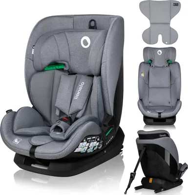 A collage of images showing a gray car seat from different angles, including a close-up of the headrest and a separate image of the seat with an insert.
