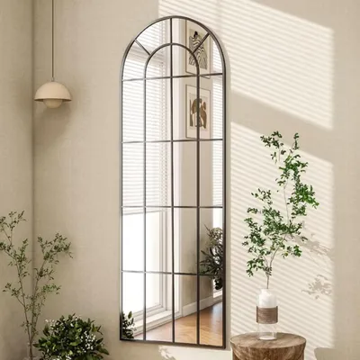 Zdjęcie produktu dla Zakrzywione lustro pełnopostaciowe z ozdobną czarną ramą do sypialni lub przedpokoju, 24''x65'', czarne, 60 cm, 165 cm