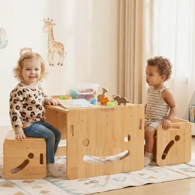 Produktbild von Montessori-Tisch und -Stuhl-Set, höhenverstellbar für Kinder im Alter von 1-3 Jahren