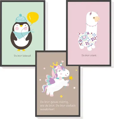 Produktbild von Himmelzucker Premium 3er Poster set für Kinderzimmer Babyzimmer DIN A4 Wandbilder Deko Junge Mädchen Dekoration Bilder Kinder Tierbilder