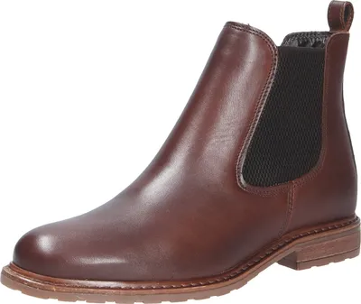 A single brown leather Chelsea boot is shown against a white background.