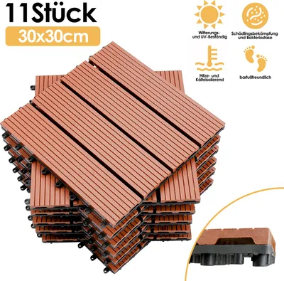 Zdjęcie produktu dla Wolketon płytki tarasowe WPC płytki drewniane płytki plastikowe 11szt 1m² zestaw 30x30cm, brązowe płytki ogrodowe podłogowe z drenażem płytki tarasowe balkon