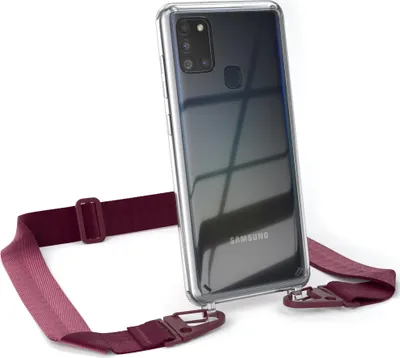 Produktbild von EAZY CASE - Hülle mit Band für Samsung Galaxy A21s, Handyhülle mit Umhängeband, Silikonhülle transparent, Handykette in Rot