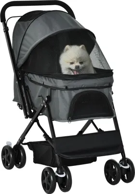 Productafbeelding van Hondenbuggy, elegante hondenwagen voor kleine honden en katten, huisdierenbuggy, model Oxford, donkergrijs, 76,5 x 52 x 95 cm