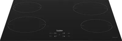 A black induction hob with four cooking zones, shown from a slightly elevated angle.