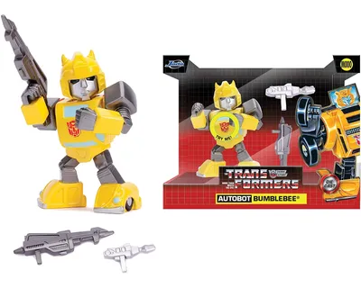 Zdjęcie produktu dla Jada Toys 253111004 Transformers, figurka Bumblebee G1 wykonana z odlewu ciśnieniowego, oczy ze światłem, w zestawie baterie, akcesoria, 10 cm, żółty