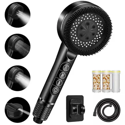 Produktbild von Filter-Duschkopf mit Massagebürste & Schlauch, Hochdruck-Brause mit 4 Strahlarten, Kalkfilter & Wassersparend, Wellness Duschset