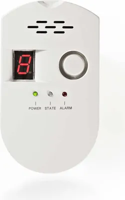 A white gas alarm device is shown against a white background.
