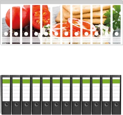 Produktbild von Wallario 12 Stück breite Ordner inkl. Klebeetiketten mit Motive Frisches Knäckebrot mit Tomaten und Käse -  Set mit Rückenschildern / Ordnerrücken Stickern