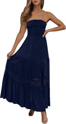 Obrázek produktu pro ASKSA Dámské letní šaty Bandeau šaty Dlouhé šaty na ramena y TraeGerlos Off Shoulder Backless Lace Trim Maxi Dress (Dark Blue,XL)