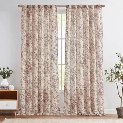 Productafbeelding van Unyqoos® Lichtdoorlatende gordijnen van polyester-linnen met bloemenprint, set van 2, 140 x 225 cm, rood-beige, met verborgen lussen, geschikt voor woon- en slaapkamer