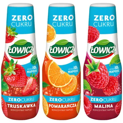 Produktbild von Łowicz Zero Zucker Sirup 500 ml Himbeere Erdbeere Orange Fruchtsirup, 3 Stück