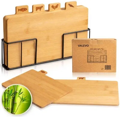Produktbild von VALEVO 4er Set Bambus Schneidebretter mit Halter – 28x17 cm – Holz Schneidebrett Set – Küchen Schneidbretter aus Bambus