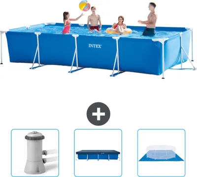 Produktbild von Intex-Schwimmbecken mit rechteckigem Rahmen – 450 x 220 x 84 cm – Blau – im Lieferumfang enthalten Filterpumpe für Schwimmbad - Abdeckung - Bodenplane