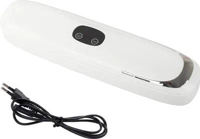A white vacuum sealer machine with a black power cord is shown on a white background.